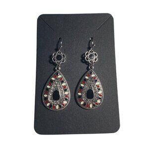 Teardrop Dangle Earrings Floral Design Red Black Accents Fishhook Back Boho Core